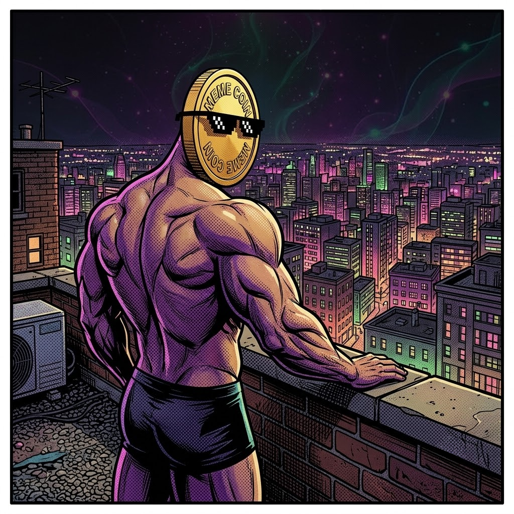 Memecoin Man watches over the city